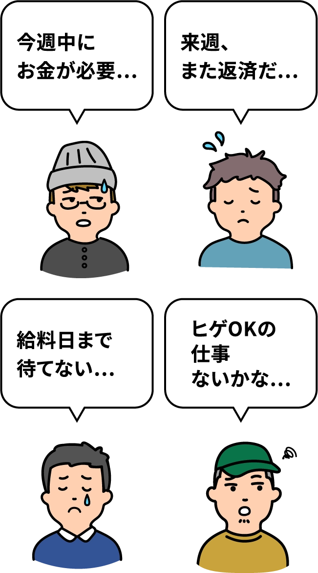 今週中にお金が必要、来週、また返済だ、給料日まで待てない、ひげOKの仕事ないかな